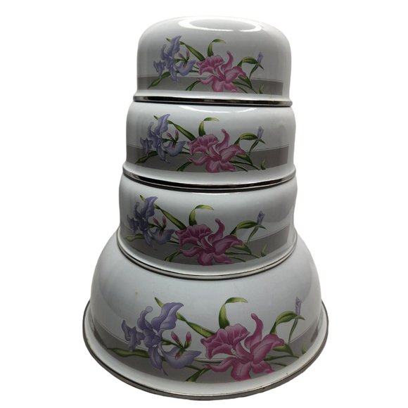 Vintage White Metal Enamel Nesting & Mixing Bowls Mixed Lot of 4 Bowls Kobe